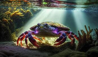 Underwater closeup picture of the mangrove, rainbow, crab and sunlight in the ocean coral reef, photo