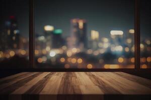 Wood table top on blur glass window wall building background. photo
