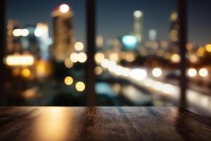 Wood table top on blur glass window wall building background. photo