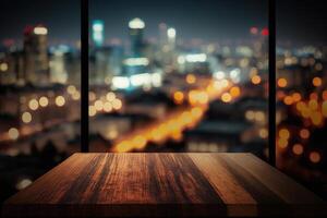 Wood table top on blur glass window wall building background. photo