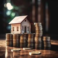 House model and coin stack on wooden table with bokeh background , Saving money for buy a house concept. photo