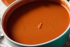 Pumpkin soup with cream and parsley. Creamy tomato soup. Chicken noodle soup. photo