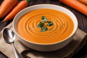 Pumpkin soup with cream and parsley. Creamy tomato soup. Chicken noodle soup. photo