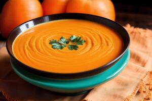 Pumpkin soup with cream and parsley. Creamy tomato soup. Chicken noodle soup. photo