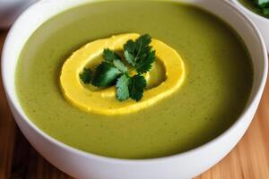 Pumpkin soup with cream and parsley. Creamy tomato soup. Chicken noodle soup. photo