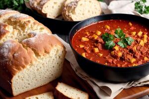 Pumpkin soup with cream and parsley. Creamy tomato soup. Chicken noodle soup. photo