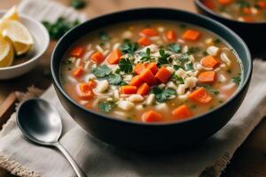 Pumpkin soup with cream and parsley. Creamy tomato soup. Chicken noodle soup. photo