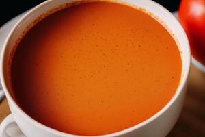 Pumpkin soup with cream and parsley. Creamy tomato soup. Chicken noodle soup. photo