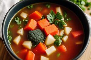 Pumpkin soup with cream and parsley. Creamy tomato soup. Chicken noodle soup. photo