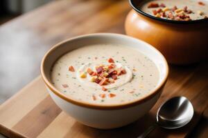 Pumpkin soup with cream and parsley. Creamy tomato soup. Chicken noodle soup. photo
