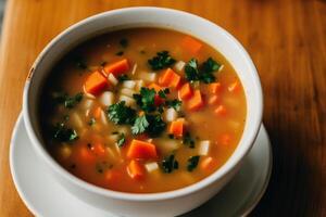 Pumpkin soup with cream and parsley. Creamy tomato soup. Chicken noodle soup. photo