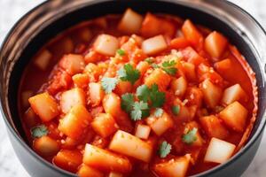 Pumpkin soup with cream and parsley. Creamy tomato soup. Chicken noodle soup. photo