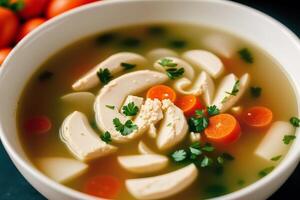 Pumpkin soup with cream and parsley. Creamy tomato soup. Chicken noodle soup. photo