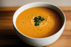 Pumpkin soup with cream and parsley. Creamy tomato soup. Chicken noodle soup. photo