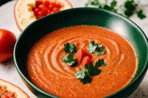 Pumpkin soup with cream and parsley. Creamy tomato soup. Chicken noodle soup. photo