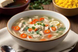 Pumpkin soup with cream and parsley. Creamy tomato soup. Chicken noodle soup. photo