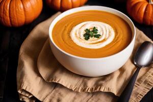 Pumpkin soup with cream and parsley. Creamy tomato soup. Chicken noodle soup. photo