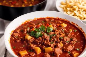 Pumpkin soup with cream and parsley. Creamy tomato soup. Chicken noodle soup. photo