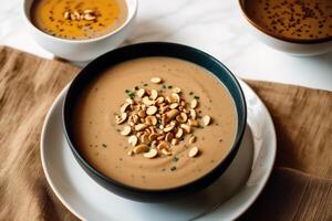 Pumpkin soup with cream and parsley. Creamy tomato soup. Chicken noodle soup. photo