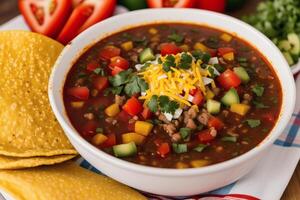 Pumpkin soup with cream and parsley. Creamy tomato soup. Chicken noodle soup. photo