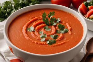 Pumpkin soup with cream and parsley. Creamy tomato soup. Chicken noodle soup. photo