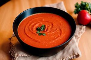 Pumpkin soup with cream and parsley. Creamy tomato soup. Chicken noodle soup. photo