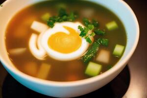 Pumpkin soup with cream and parsley. Creamy tomato soup. Chicken noodle soup. photo