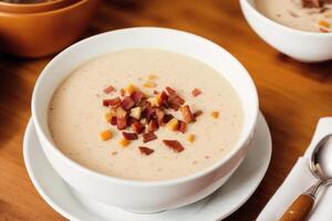 Pumpkin soup with cream and parsley. Creamy tomato soup. Chicken noodle soup. photo