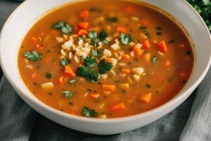 Pumpkin soup with cream and parsley. Creamy tomato soup. Chicken noodle soup. photo