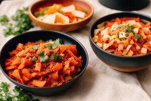 Pumpkin soup with cream and parsley. Creamy tomato soup. Chicken noodle soup. photo