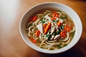 Pumpkin soup with cream and parsley. Creamy tomato soup. Chicken noodle soup. photo