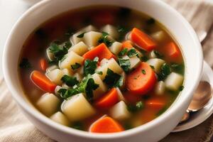 Pumpkin soup with cream and parsley. Creamy tomato soup. Chicken noodle soup. photo