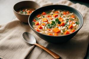 Pumpkin soup with cream and parsley. Creamy tomato soup. Chicken noodle soup. photo