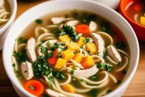 Pumpkin soup with cream and parsley. Creamy tomato soup. Chicken noodle soup. photo