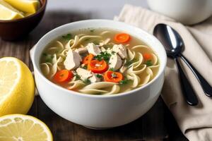 Pumpkin soup with cream and parsley. Creamy tomato soup. Chicken noodle soup. photo