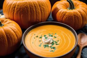 Pumpkin soup with cream and parsley. Creamy tomato soup. Chicken noodle soup. photo