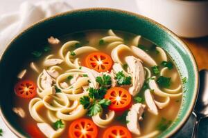 Pumpkin soup with cream and parsley. Creamy tomato soup. Chicken noodle soup. photo