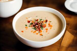 Pumpkin soup with cream and parsley. Creamy tomato soup. Chicken noodle soup. photo