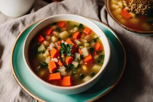 Pumpkin soup with cream and parsley. Creamy tomato soup. Chicken noodle soup. photo