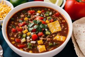 Pumpkin soup with cream and parsley. Creamy tomato soup. Chicken noodle soup. photo