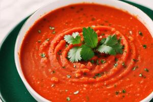 Pumpkin soup with cream and parsley. Creamy tomato soup. Chicken noodle soup. photo