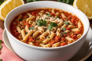 Pumpkin soup with cream and parsley. Creamy tomato soup. Chicken noodle soup. photo