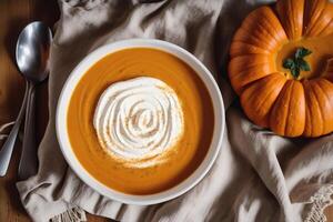 Pumpkin soup with cream and parsley. Creamy tomato soup. Chicken noodle soup. photo