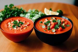 Pumpkin soup with cream and parsley. Creamy tomato soup. Chicken noodle soup. photo