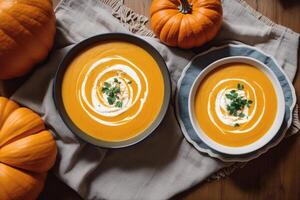 Pumpkin soup with cream and parsley. Creamy tomato soup. Chicken noodle soup. photo