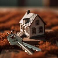 House model and keys on a wooden table. Real estate concept. photo