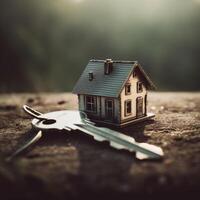 House model and keys on a wooden table. Real estate concept. photo