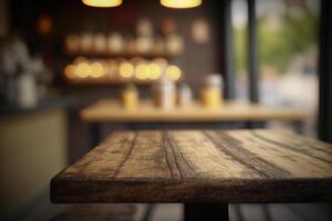 Wooden table in front of abstract blurred coffee shop background. photo