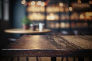 de madera mesa en frente de resumen borroso café tienda antecedentes. ai generado foto