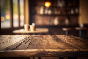 Wooden table in front of abstract blurred coffee shop background. photo